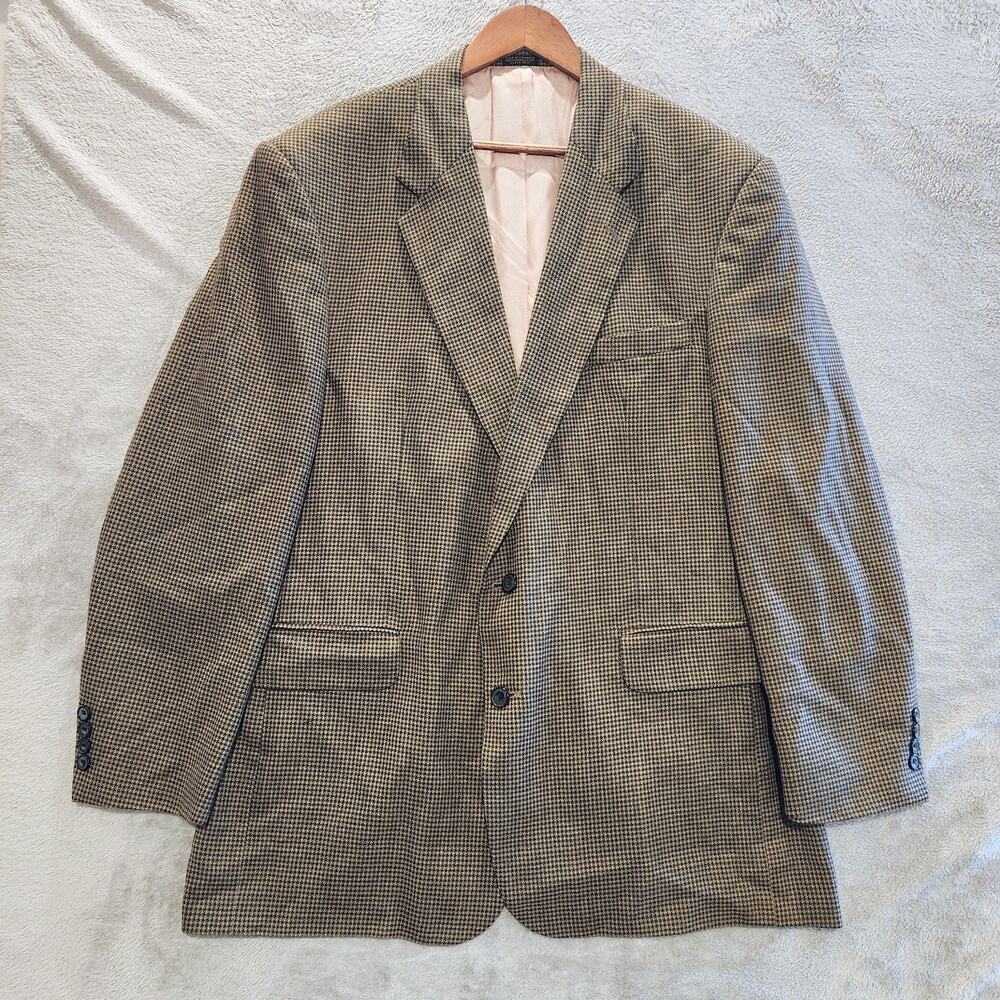 Oscar De La Renta Mens Brown Wool Houndstooth 2 Button Blazer Size 48L Business